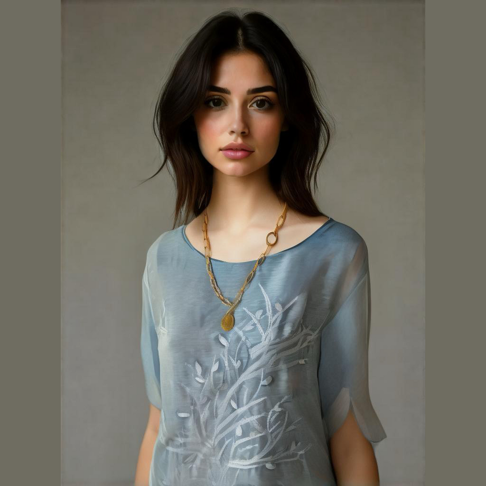 Simply Couture Double Layer Embroidery Top Blouse light blue Sz M